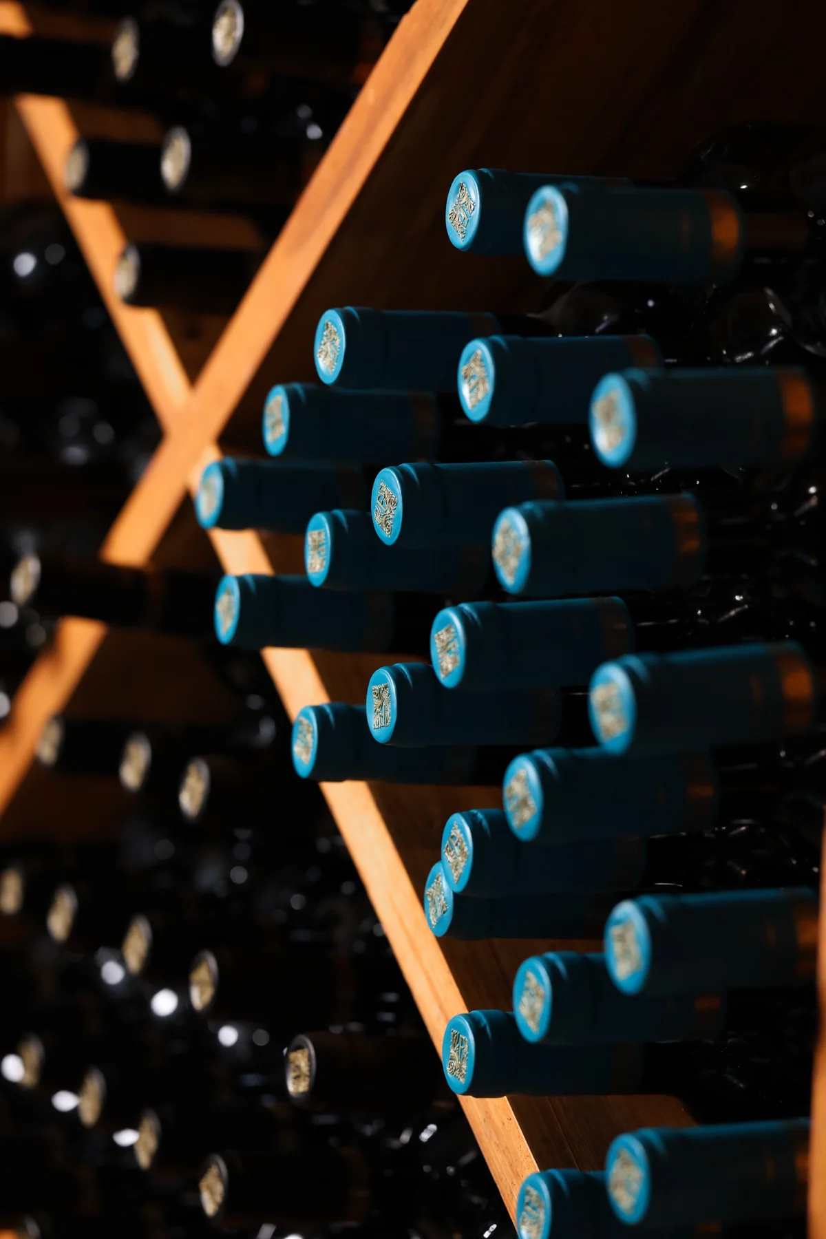 Clos d'Hébé bottles resting in the racks