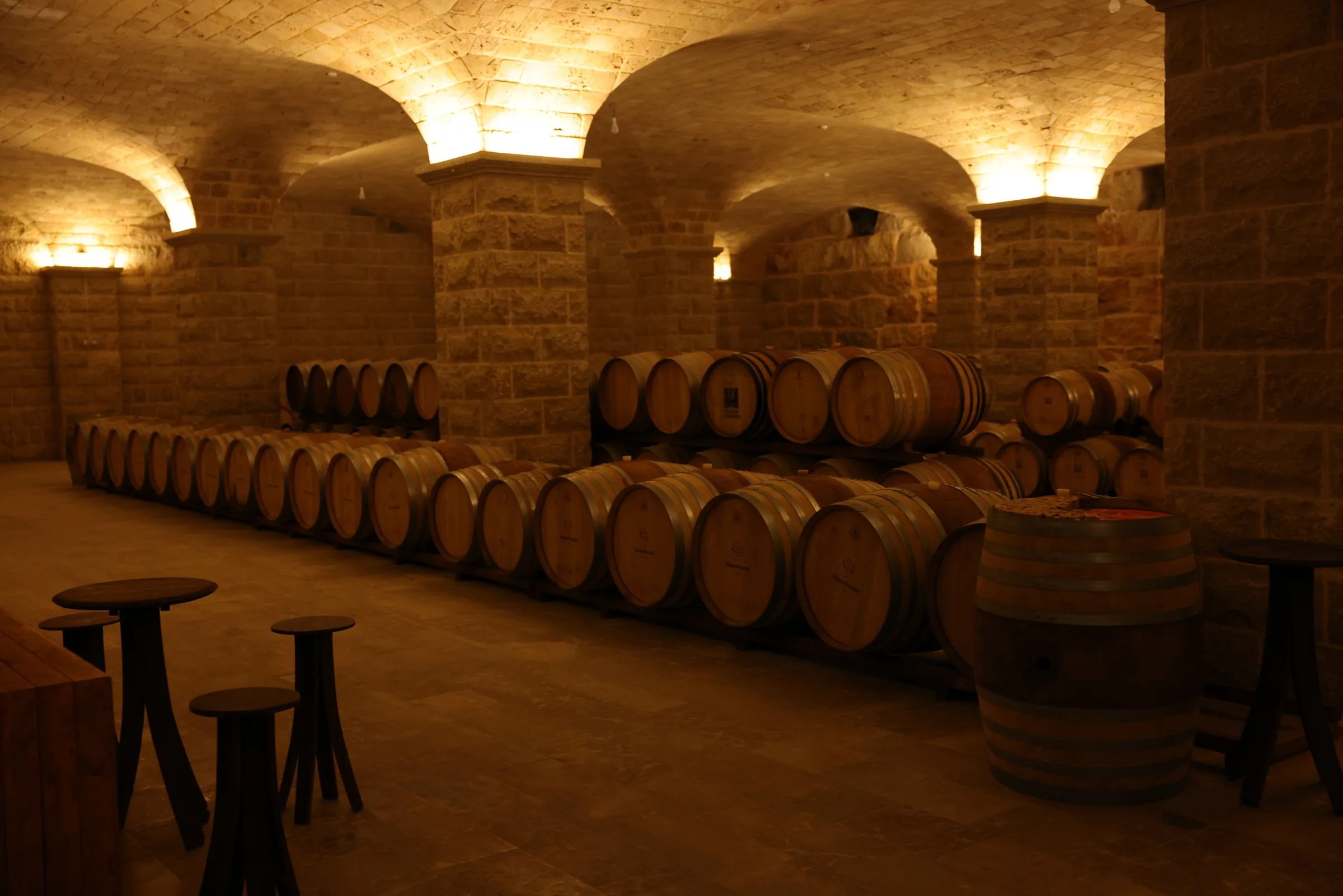 The vaulted stone cellar of Château Florentine with rows of oak barrels