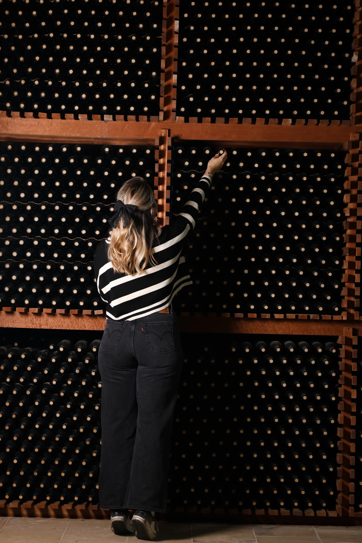 Bottle racks along the cellar wall